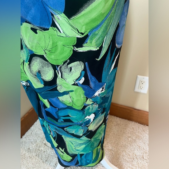Vintage Cache 💙💚🖤 Black Spandex Zip Skirt W/ Floral Sarong Size 10 90s 🖤💙💚 - Picture 8 of 12